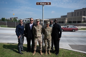 Leaders gather on May 5, 2023, during a street renaming ceremony at Joint Base San Antonio-Lackland, Texas.