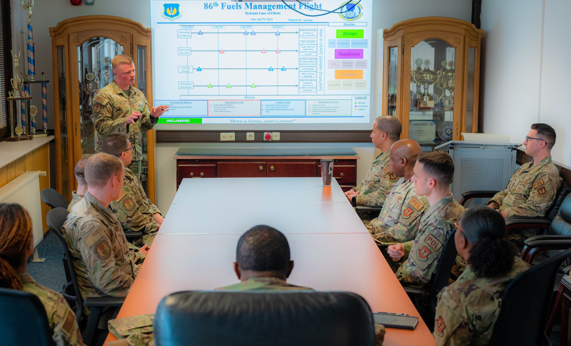 U.S. Air Force Senior Master Sgt. Thomas Capaldo, 86th Logistics Readiness Squadron fuels superintendent, briefs Brig. Gen. Otis C. Jones, 86th Airlift Wing commander, and Chief Master Sgt. Charmaine Kelly, 86th Airlift Wing command chief, on the 86th LRS fuels management flight during an immersion tour at Ramstein Air Base, Germany, May 11, 2023. The immersion allowed the command team to hear firsthand about the mission and engage with the 86th LRS fuels team. (U.S. Air Force photo by Senior Airman Isaac Olivera)