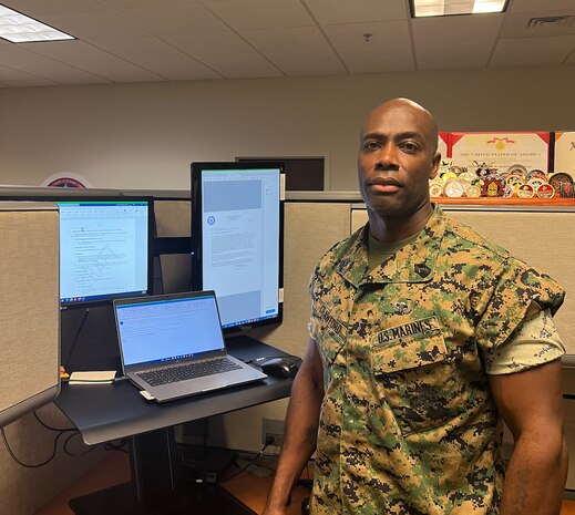 Pictured above is Master Gunnery Sgt. Judah Crawford, senior enlisted advisor at Marine Corps Systems Command’s Command Element Systems portfolio. Although Crawford was tapped to begin a new assignment at the Pentagon, he believes the skills he acquired while working in acquisitions will help him successfully accomplish his next mission. (U.S. Marine Corps courtesy photo)
