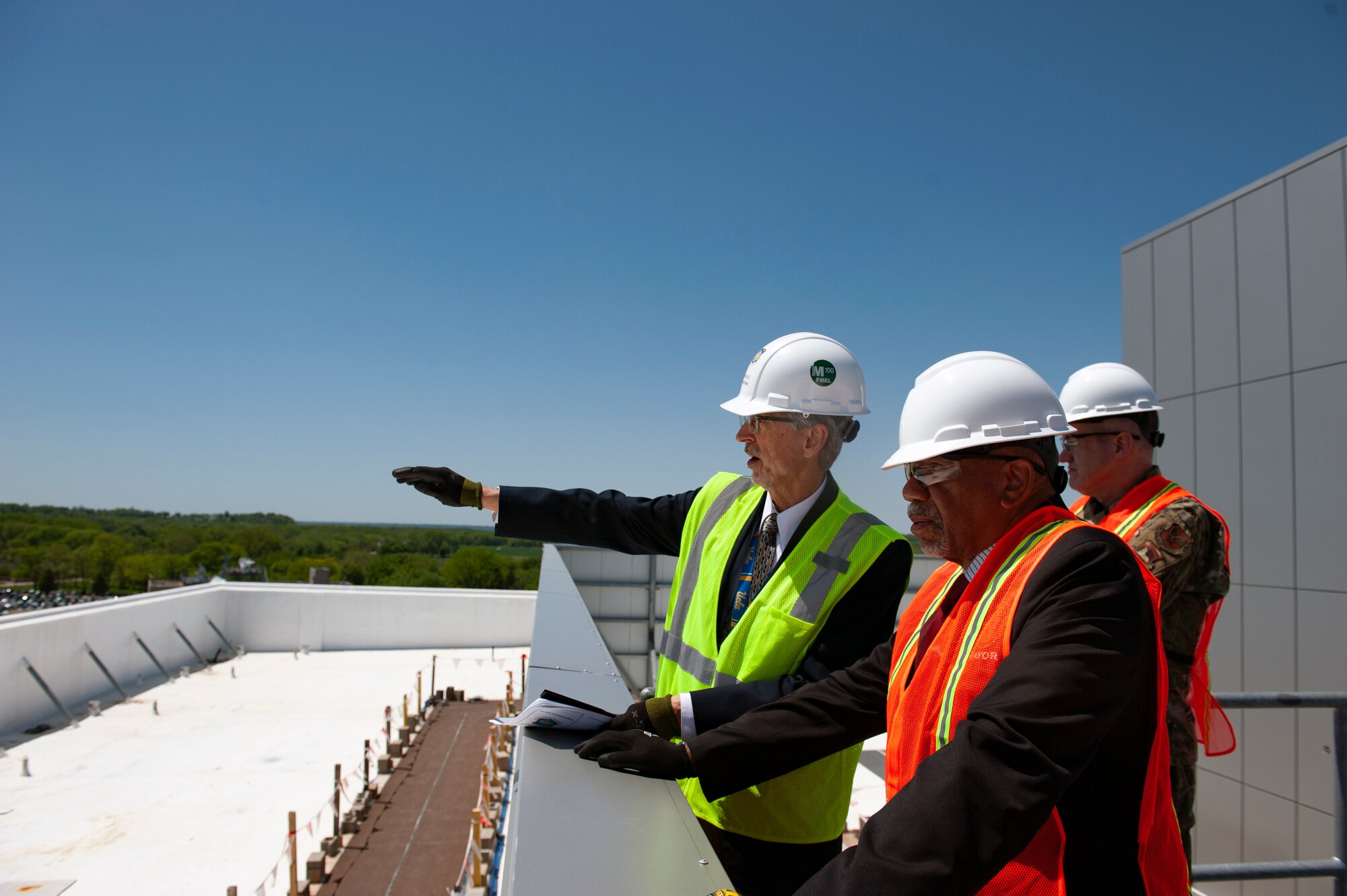 David Bek, National Air and Space Intelligence Center Facilities and Logistics division chief, showcases the layout of the new Intelligence Production Center III to Dayton Mayor Jeffrey Mims Jr. during his visit to Wright-Patterson Air Force Base, Ohio, May 9, 2023. Expected to be completed in 2024, IPC III will add 980 workstations, mission-specific functions, and advanced visualization capabilities to the NASIC campus.