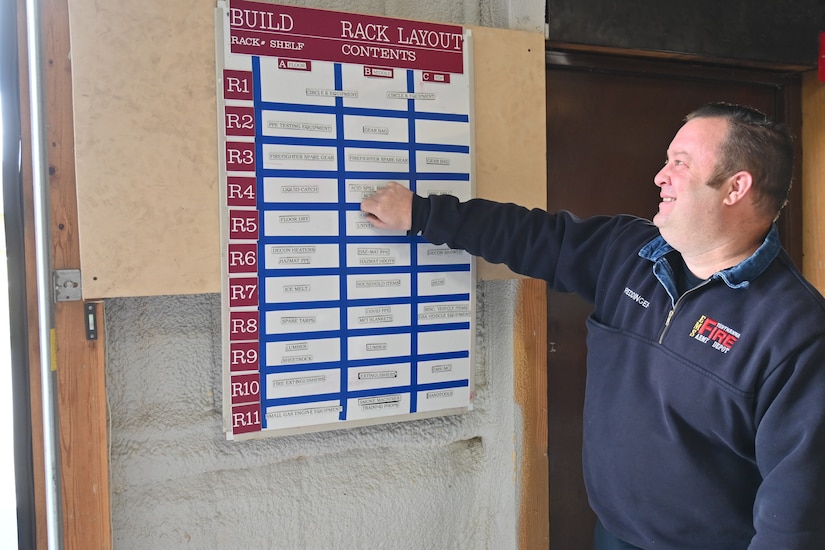 Firefighter pointing to an organizational chart displayed on the wall.