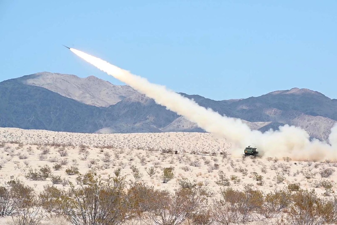 Marines fire a rocket during training in the California desert.