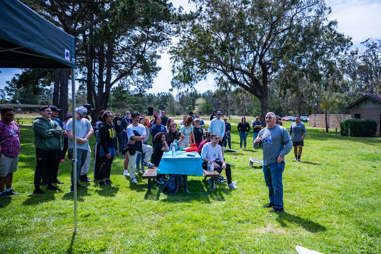 U.S. Space Force Col. Phillip Verroco, Space Delta 5 (DEL 5) Commander and Combined Space Operations Center Director, right, makes his closing remarks to his unit’s members for DEL 5’s ‘Gemini’ at Cocheo Park on Vandenberg Space Force Base, Calif., April 7, 2023. The DEL 5 team plans to continue the Gemini program after the success it had during its first iteration and hopes it may become a staple throughout the Space Force on how to invest in your people. (U.S. Space Force photo by Tech. Sgt. Luke Kitterman)