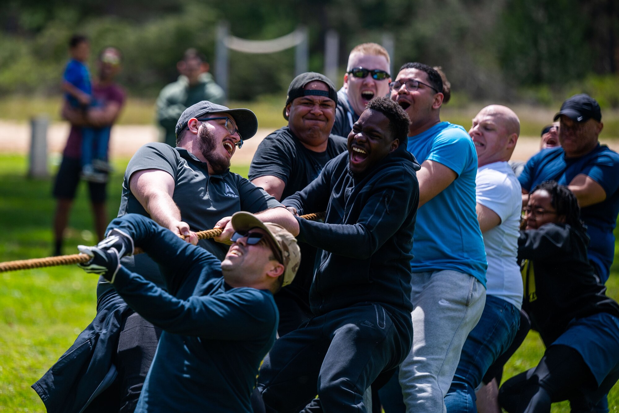 Enlisted members of Space Delta 5 (DEL 5) pull a rope together for an ‘Enlisted vs. Officer Tug-O-War’ Contest during DEL 5’s ‘Gemini’ at Cocheo Park on Vandenberg Space Force Base, Calif., April 7, 2023. The officers closed out a ‘best-of-three’ series in a third-round nail-bitter to take home the bragging rights. (U.S. Space Force photo by Tech. Sgt. Luke Kitterman)