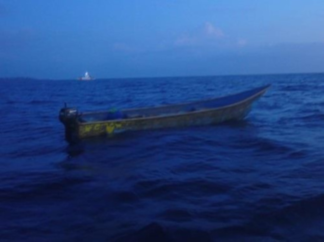 A vessel lays adrift in the Mona Passage shortly after being interdicted by a Puerto Rico Police Joint Forces of Rapid Action Marine Unit near Aguada, Puerto Rico, May 16, 2023. The Coast Guard Cutter Joseph Tezanos later arrived on scene and embarked six men and two women from this makeshift vessel. The migrants from this vessel were repatriated to the Dominican Republic May 18, 2023, along with 21 other migrants interdicted in the week. (U.S. Coast Guard photo)