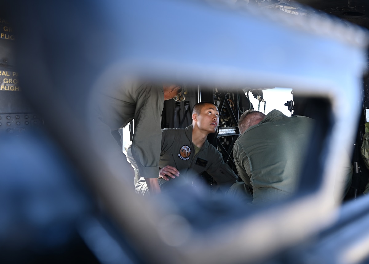 U.S. Marine Corps Lance Cpl. Rei Kitamura, Marine Light Attack Helicopter Squadron 775 crew chief, does hands-on training during Exercise RED FLAG Rescue 23-1 at Davis-Monthan Air Force Base, Ariz., May 13, 2023. RF-R is the Department of Defense’s premier combat search and rescue exercise which is held twice a year at Davis-Monthan AFB. (U.S. Air Force photo by Staff Sgt. Abbey Rieves)