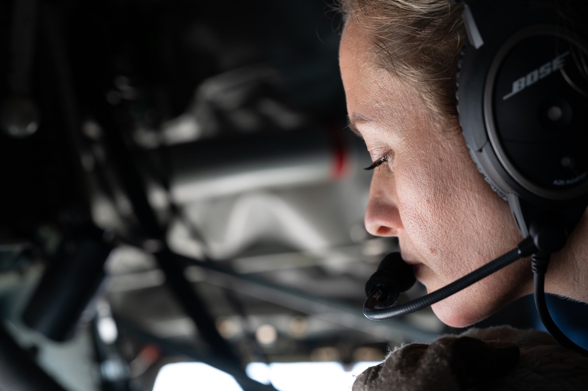 U.S. Air Force Air National Guard Staff Sgt. Stefanie Khodeir, 161st Air Refueling Wing boom operator, maneuvers the boom of a KC-135 Stratotanker over Arizona, May 11, 2023. The 161st ARW out of Goldwater Air National Guard Base, Arizona, conducts regular air refueling missions with their regional partners. (U.S. Air Force photo by Airman 1st Class Jasmyne Bridgers-Matos)