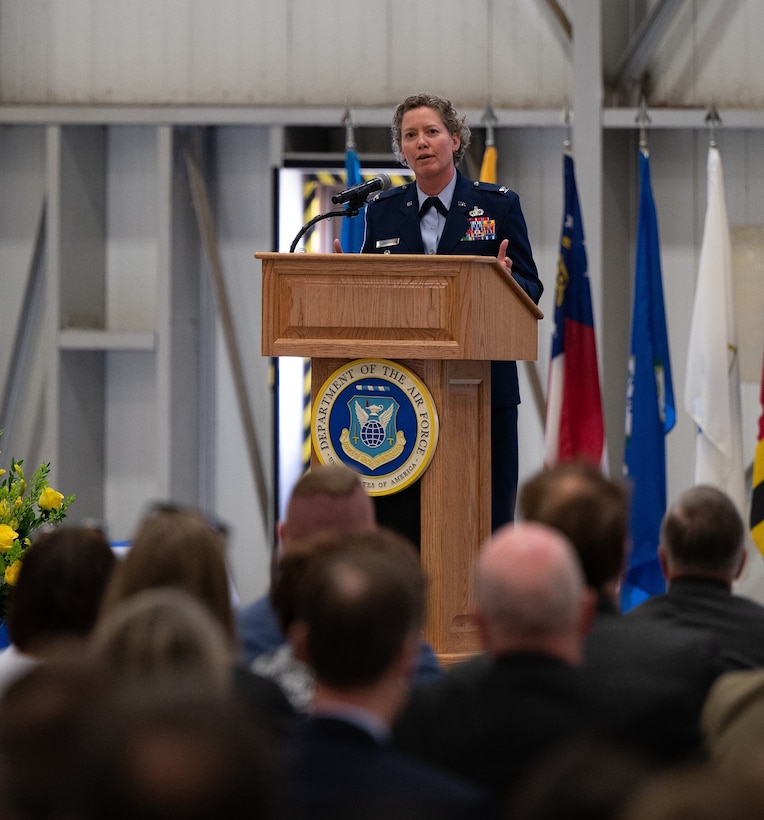 Col. Amy Bumgarner delivers her first remarks following her assumption of command as the 20th Office of Special Investigations commander, during the change of command ceremony on May 16, 2023, at Joint Base Andrews, Maryland. Bumgarner is the first female commander of OSI in its 75 year history. (U.S. Air Force Photo by Thomas Brading, OSI/PA)