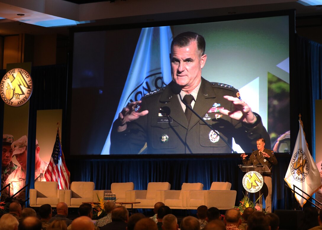 General Charles A. Flynn, the U.S. Army Pacific commanding general, delivered opening remarks at the 10th Annual Land Forces Pacific Symposium and Exposition 2023, in Honolulu, Hawaii, May 16, 2023. LANPAC is the premier land forces symposium and exposition in the most consequential region bringing together government, academia, industry and allies. (U.S. Army photo by Mary A. Andom)