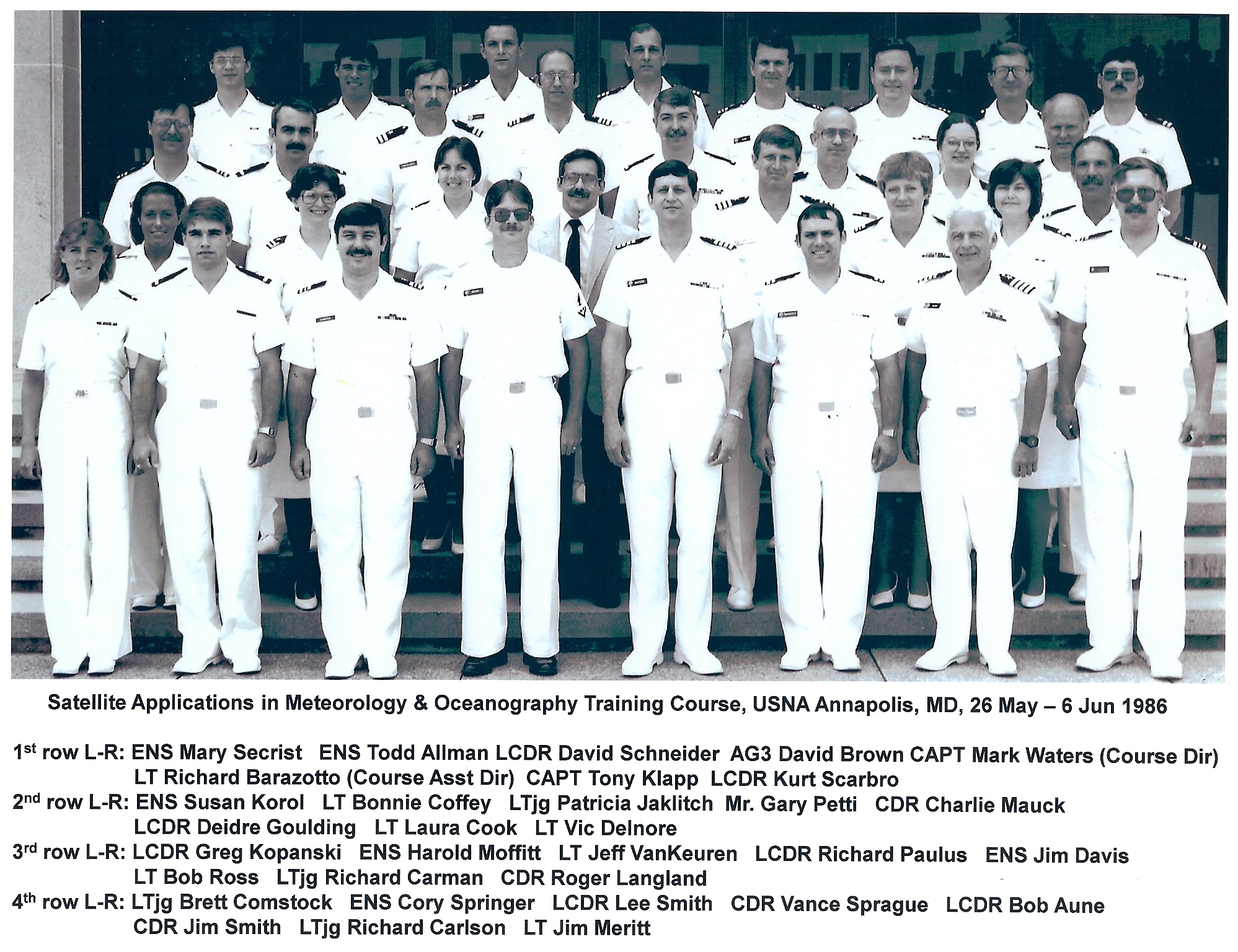 First Naval Reserve Weather Service Units CO/XO Seminar at Naval Weather Service Facility, Glenview NAS, IL (Program Administrator) for CNAVRES (Program Sponsor) – [8-76].  CDR John Leese PhD USNR – the architect of the Naval Weather Service Reserve Unit structure and first CO of Naval Weather Service 106, NAF Washington, DC, Andrews AFB, MD (1974-1977) - is pictured first row third from left.