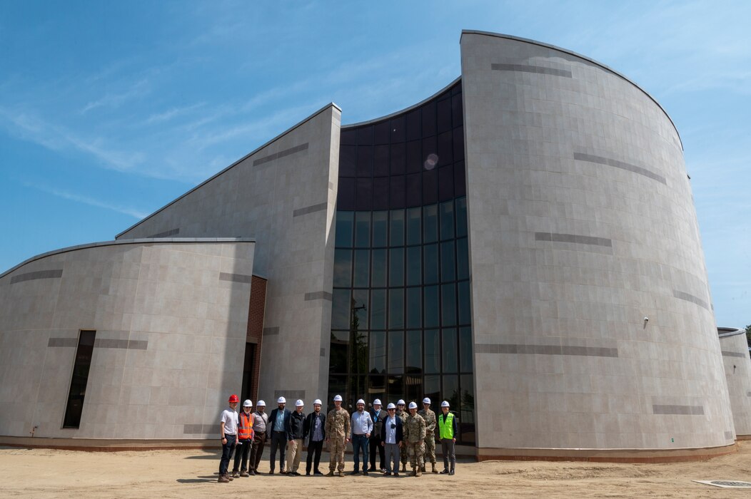 51st Fighter Wing chapel staff, local clergy members and construction workers pose for a photo at the 51st FW chapel construction site on Osan Air Base, Republic of Korea, May 4, 2023. The construction site tour was the last stop during the clergy group tour held by the chapel. (U.S. Air Force Photo by Airman 1st Class Aaron Edwards)