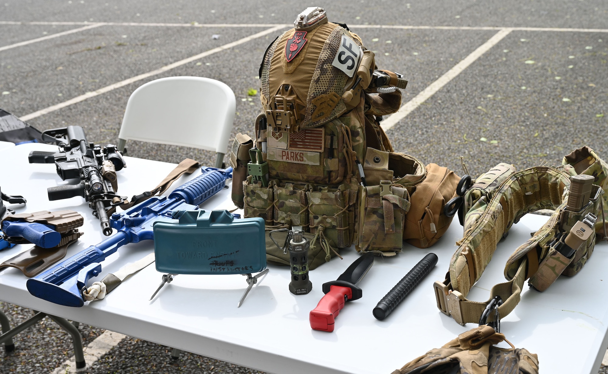 Protective gear belonging to the 100th Security Forces Squadron forms part of a display at the Police Week show-and-tell event at Royal Air Force Mildenhall, England, May 15, 2023. Police Week is held every year in May and this year is May 15 to 19. This year’s events include a ruck march, Defenders’ Challenge, “jail and bail,” and Fallen Defender memorial. (U.S. Air Force photo by Karen Abeyasekere)