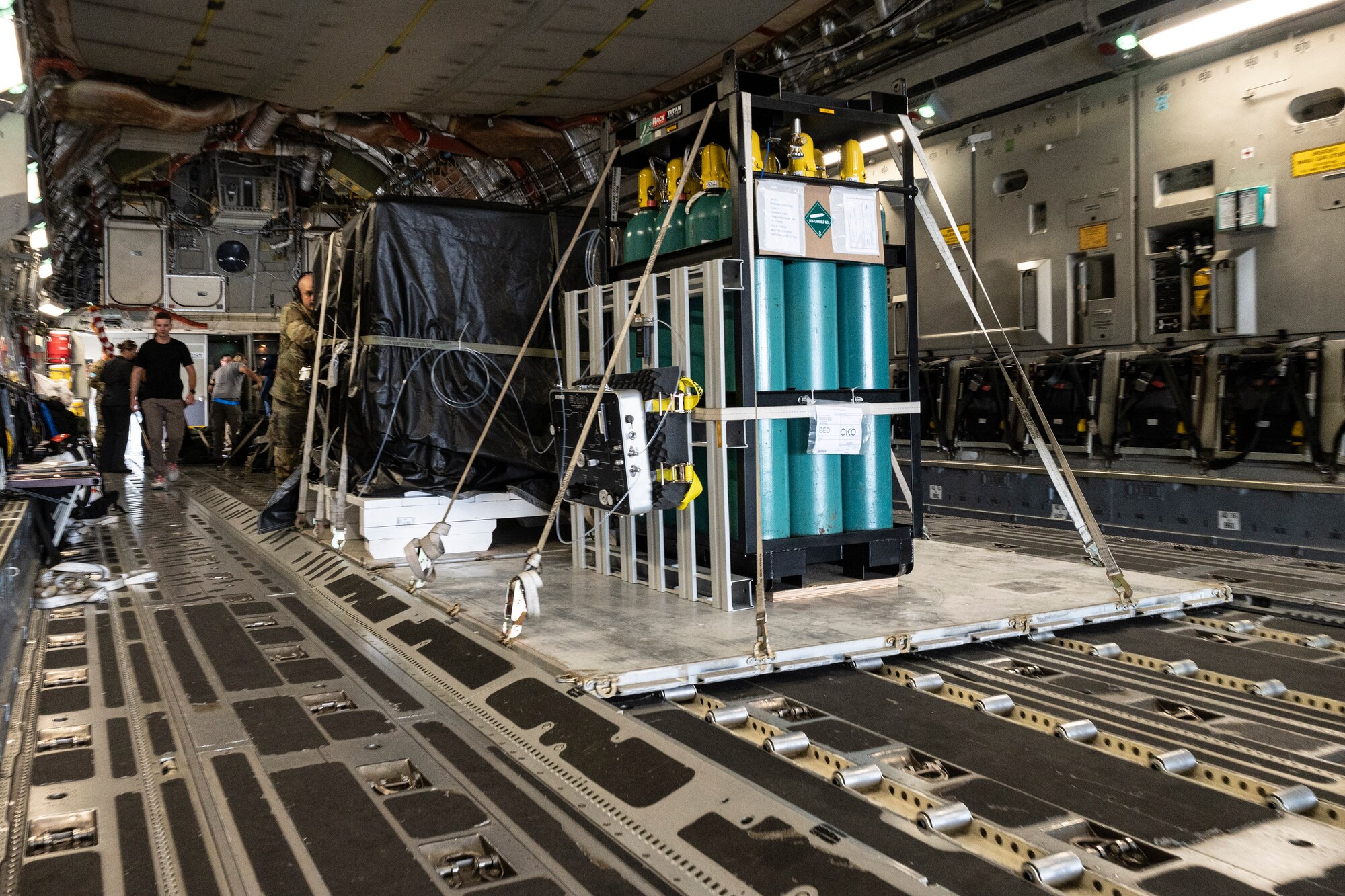 U.S. Space Force equipment sits on pallets inside a C-17 Globemaster III assigned to the 436th Airlift Wing, Dover Air Force Base, DE, at Yokota Air Base, Japan, May 10, 2023.