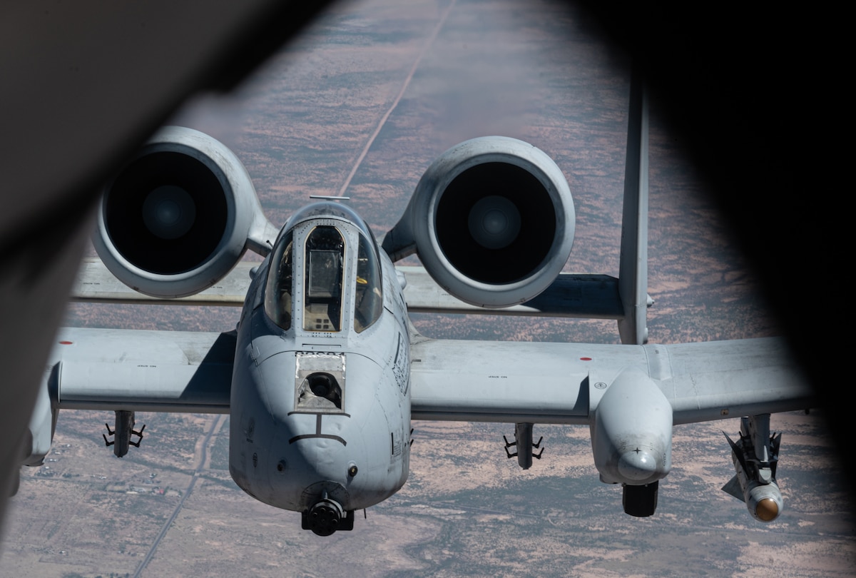 A U.S. Air Force A-10 Thunderbolt II moves into position to receive fuel from a KC-135 Stratotanker over Arizona, May 11, 2023. The A-10 is designed for close air support of ground forces. (U.S. Air Force photo by Airman 1st Class Jasmyne Bridgers-Matos)