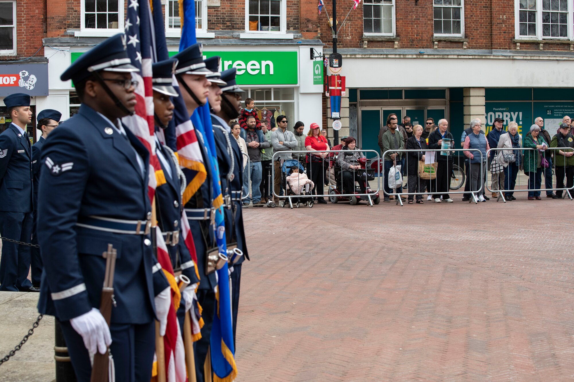 Members of the 501st Combat Support Wing march in Huntingdon, England
