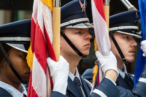 Members of the 501st Combat Support Wing march in Huntingdon, England