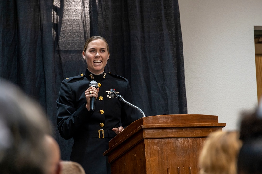 U.S. Marine Corps 2nd Lt. Anne Pentaleri, a communication strategy and operations officer, with the 3d Marine Littoral Regiment, 3d Marine Division, delivers remarks during the welcome banquet at the National Junior College Athletic Association Outdoor Track & Field National Championships, in Hobbs, N.M., on May 18, 2023. The partnership Marine Corps Recruiting Command has with NJCAA engages educators, coaches, and school administrators to increase awareness of the Marine Corps and galvanize recognition that the values taught to student-athletes align with the Marine Corps’ core values of honor, courage and commitment. (U.S. Marine Corps photo by Cpl. Levi Voss)