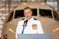 Cmdr. Aaron Roberts, U.S. Naval Research Laboratory’s Scientific Development Squadron (VXS) 1 commanding officer, gives his welcoming remarks during a change of command ceremony at Naval Air Station Patuxent River in Patuxent River, Maryland, May 18, 2023. (U.S. Navy photo by Sarah Peterson)