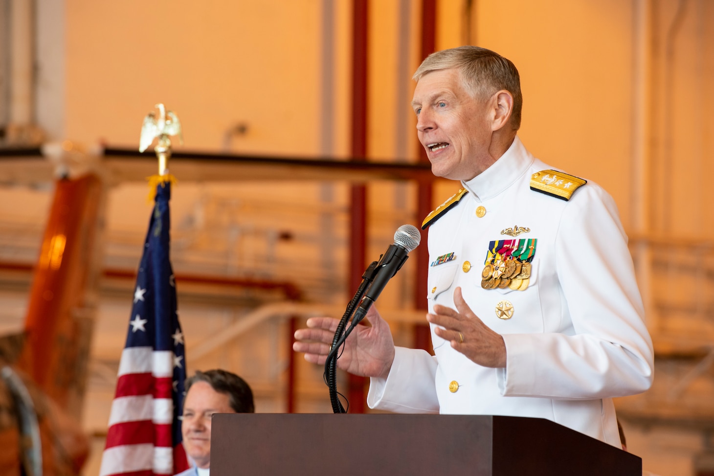 Chief of Naval Research Rear Adm. Lorin Selby presides over the U.S. Naval Research Laboratory’s Scientific Development Squadron (VXS) 1 during a change of command ceremony at Naval Air Station Patuxent River in Patuxent River, Maryland, May 18, 2023. (U.S. Navy photo by Sarah Peterson)