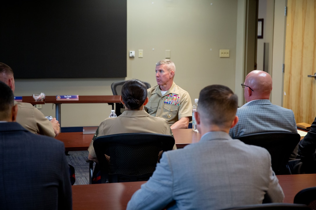 Command Members of the 8th Marine Corps District (8MCD), welcome U.S. Marine Corps Gen. Eric Smith, The Assistant Commandant of the Marine Corps (ACMC), at Naval Air Station Joint Reserve Base Fort Worth, Texas on May 18, 2023. Smith visited the 8MCD during a planned Site Visit and had the opportunity to speak with command members of each recruiting station in the 8MCD.