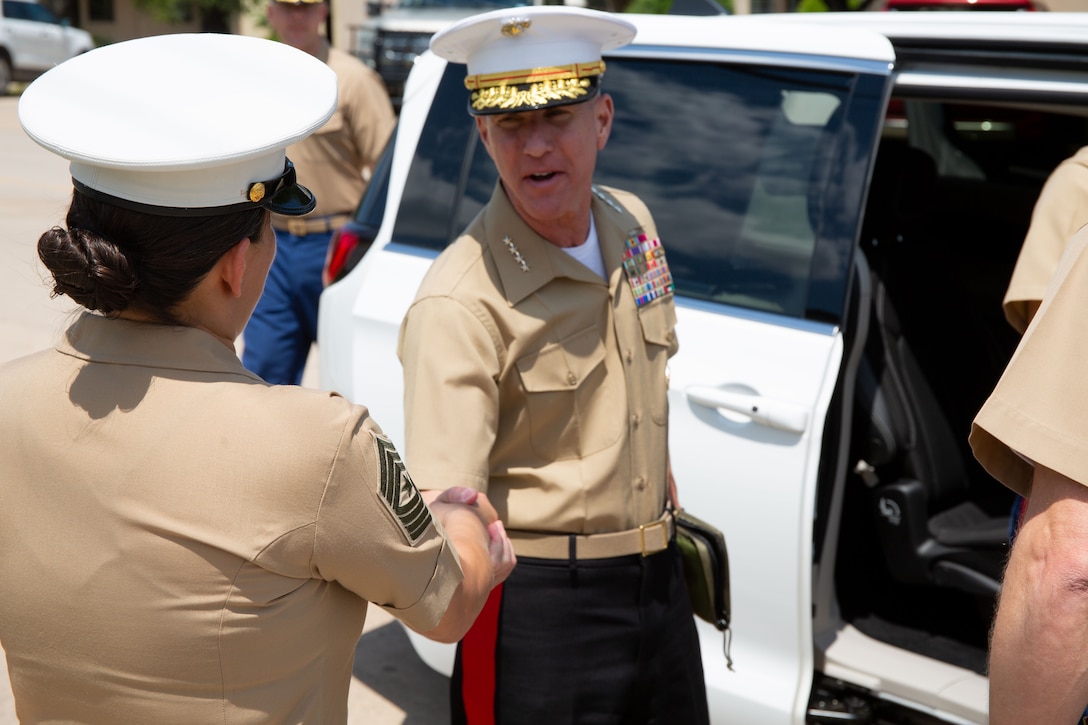 Command Members of the 8th Marine Corps District (8MCD), welcome U.S. Marine Corps Gen. Eric Smith, The Assistant Commandant of the Marine Corps (ACMC), at Naval Air Station Joint Reserve Base Fort Worth, Texas on May 18, 2023. Smith visited the 8MCD during a planned Site Visit and had the opportunity to speak with command members of each recruiting station in the 8MCD.