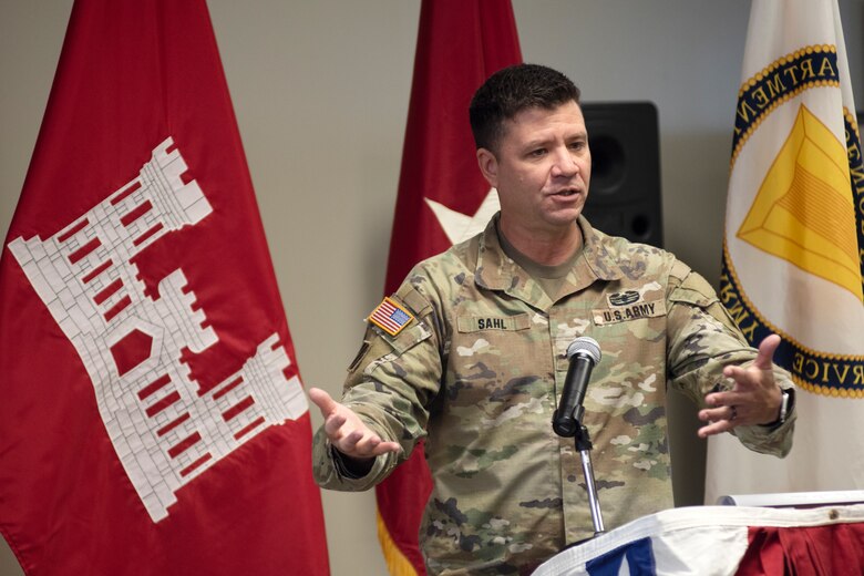 Lt. Col. Joseph Sahl, U.S. Army Corps of Engineers Nashville District commander, welcomes participants of the Ohio River Basin Inspection Tour and gives an overview of the district May 16, 2023, at the Lakeland Event Center in Calvert City, Kentucky. (USACE Photo by Lee Roberts)