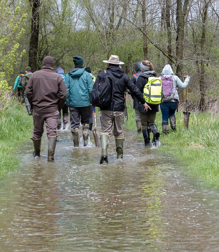 A group of people walking through a flooded passage in a heavily vegetated area of a possible wetland.