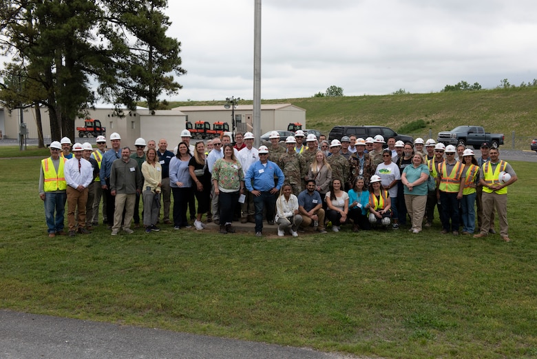 Participants of the Ohio River Basin Inspection Tour pose for a group photo during their visit to the Kentucky Lock Addition Project on the Tennessee River in Grand Rivers, Kentucky. (USACE Photo by Lee Roberts)