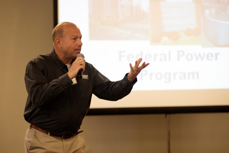 Virgil Hobbs, Southeastern Power Administration, talks about hydropower and the Federal Power Program at the Ohio River Basin Inspection Tour meeting May 17, 2023, at the Lakeland Event Center in Calvert City, Kentucky. (USACE Photo by Lee Roberts)