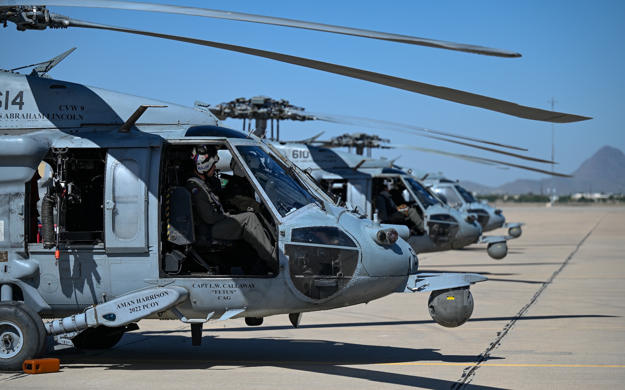 Three helicopters parked in a line.