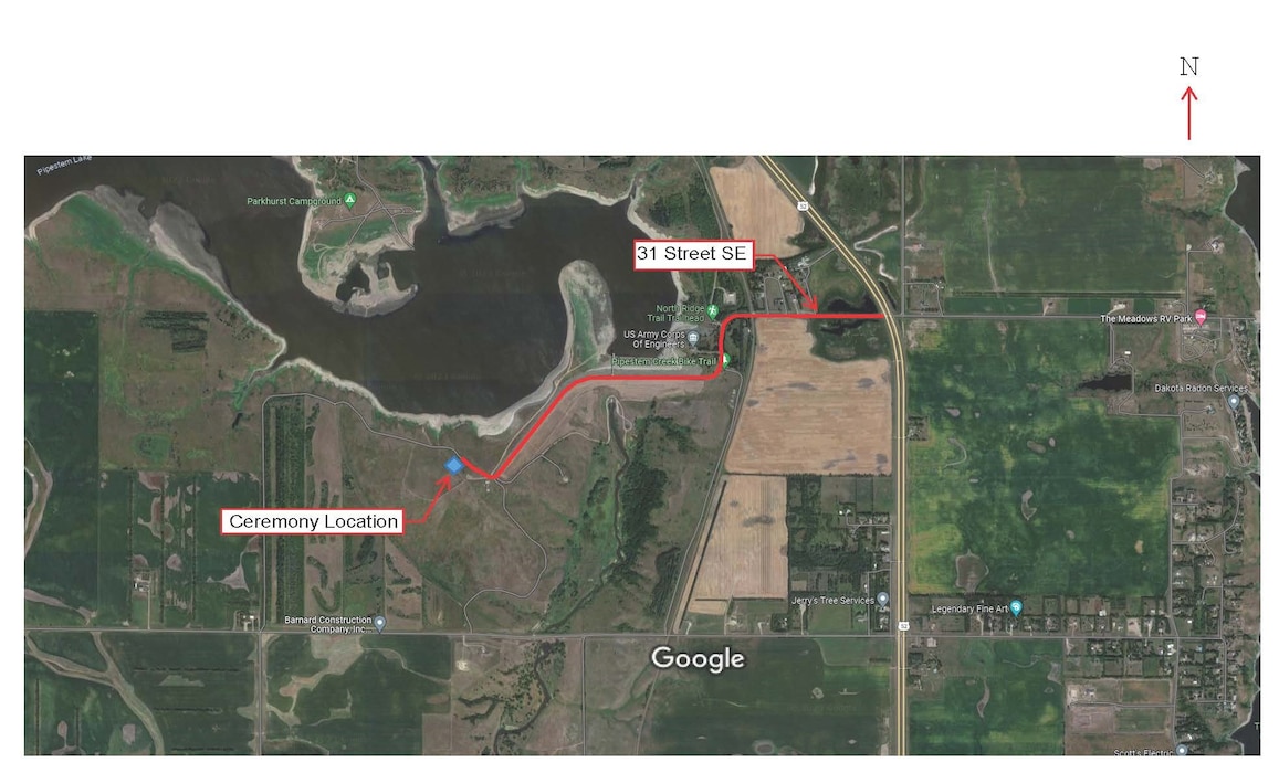 Map for the USACE groundbreaking ceremony for spillway improvements at Pipestem Dam in Jamestown, North Dakota, May 25, 2023.