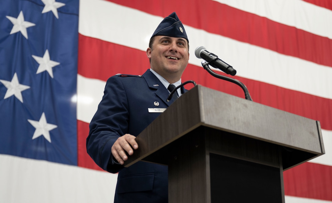 U.S. Air Force to Lt. Col. Eric Bliss, incoming 89th Attack Squadron commander, gives a speech during a change of command ceremony at Ellsworth Air Force Base, South Dakota, May 18, 2023.