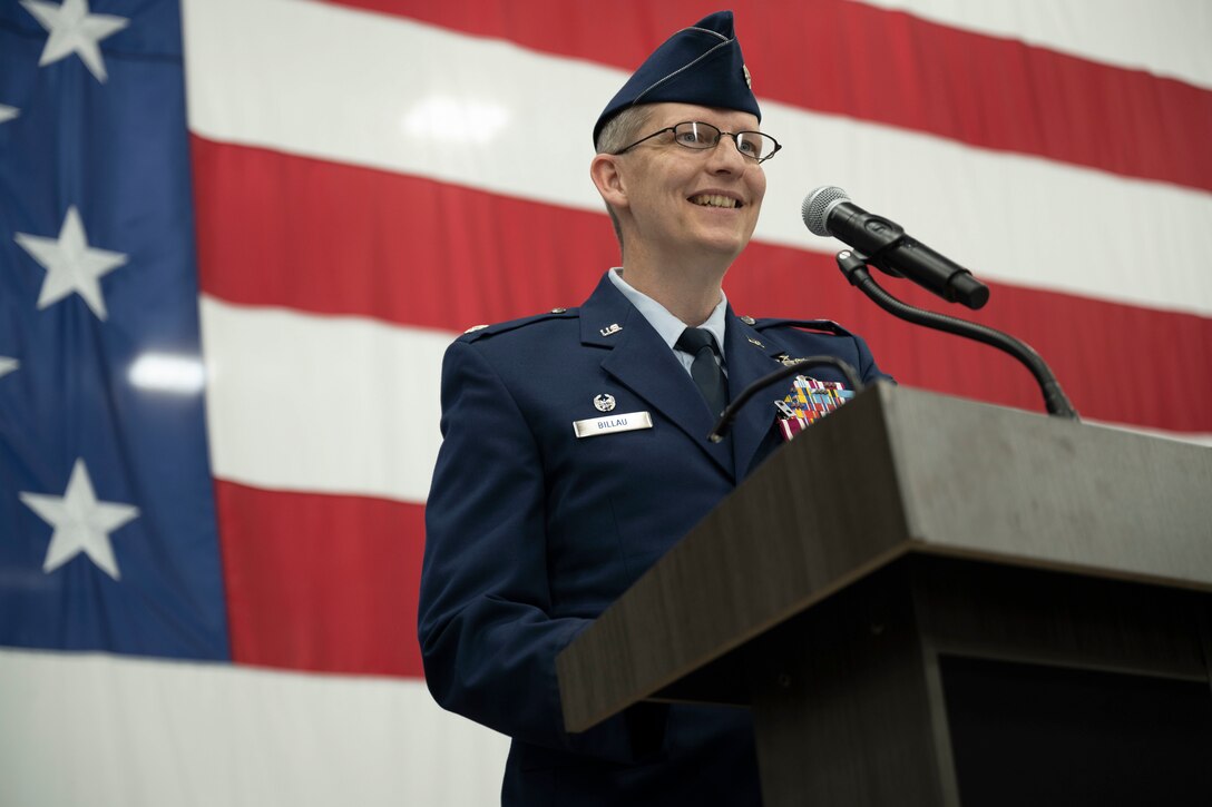 U.S. Air Force Lt. Col. Christopher Billau, 89th Attack Squadron outgoing commander, gives a speech during a change of command ceremony at Ellsworth Air Force Base, South Dakota, May 18, 2023.
