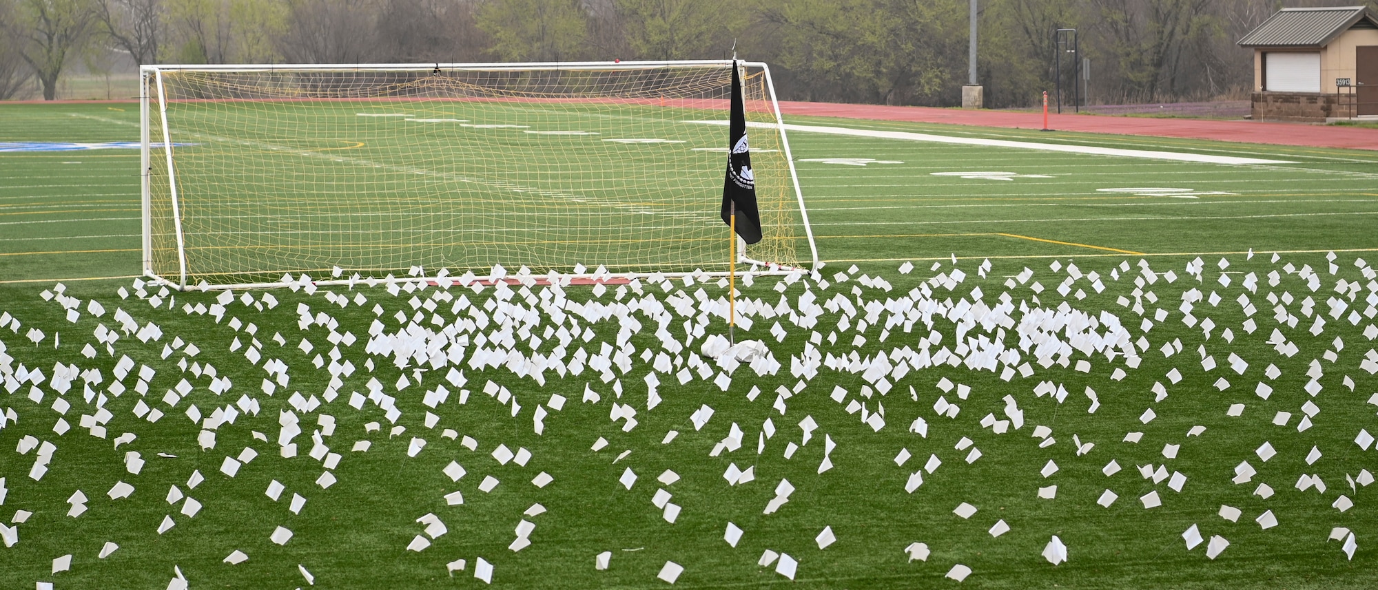 Miniature white flags planted in soccer field.