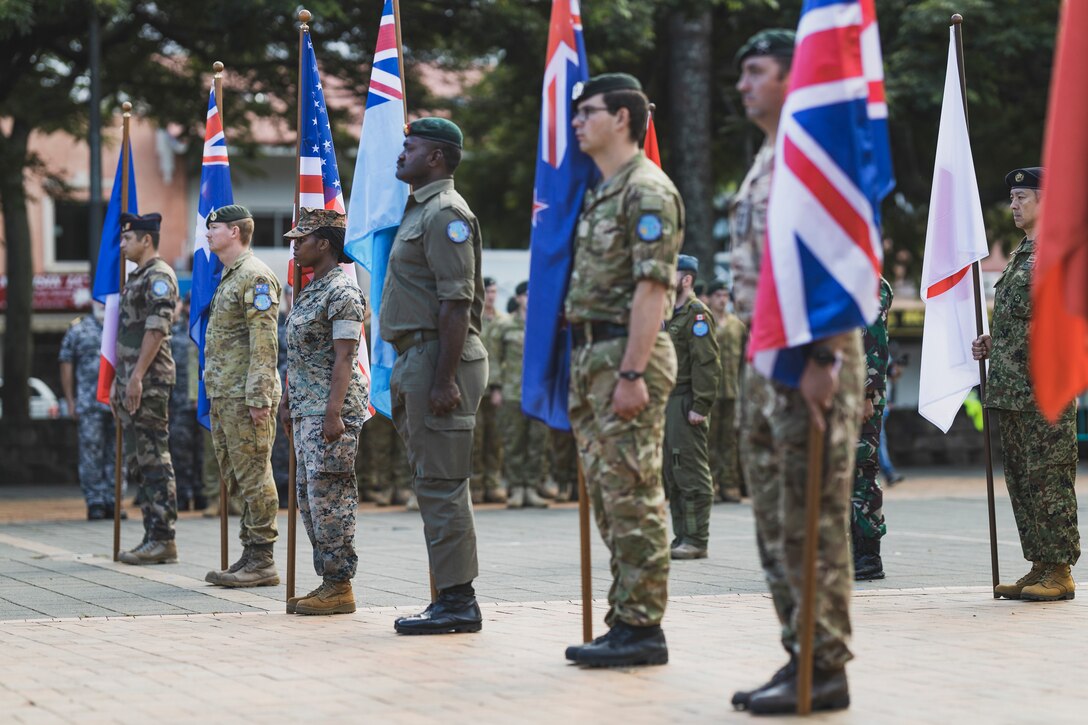 Croix du Sud 2023 Closing Ceremony
NOUMEA, NEW CALEDONIA
05.06.2023
Photo by Staff Sgt. Dana Beesley   
1st Marine Logistics Group  
 Subscribe36
facebook sharing buttontwitter sharing buttonlinkedin sharing buttonsharethis sharing button
Service members present their nations’ colors during the closing ceremony for Exercise Croix du Sud in Noumea, New Caledonia, May 6, 2023. Croix du Sud is the New Caledonian Armed Forces’ Combined Joint Task Force certification event with training objectives focused on a Humanitarian Assistance and Disaster Response, Non-combatant Evacuation Operations, and Stability and Support Operations scenario in Oceania with desired effects focused on enhancing military-military, civil-military, and joint/multinational coordination in the region during crisis response. Nearly 3,000 service members from 19 countries participated in the exercise, making it the largest multinational exercise ever conducted in the country. (U.S. Marine Corps photo by Staff Sgt. Dana Beesley)