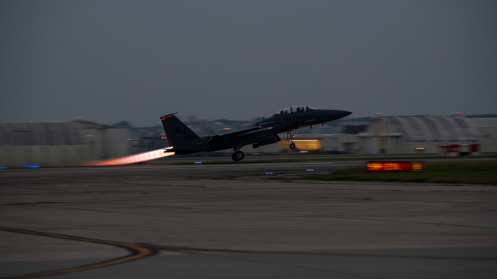 An F-15E Strike Eagle assigned to the 336th Fighter Squadron takes off from Kadena Air Base, Japan, May 17, 2023. Night Flying exercises provide fighter squadron aircrew and support personnel the experience needed to maintain a ready force capable of ensuring the collective defense of the Indo-Pacific region. (U.S. Air Force photo by Staff Sgt. Jessi Roth)