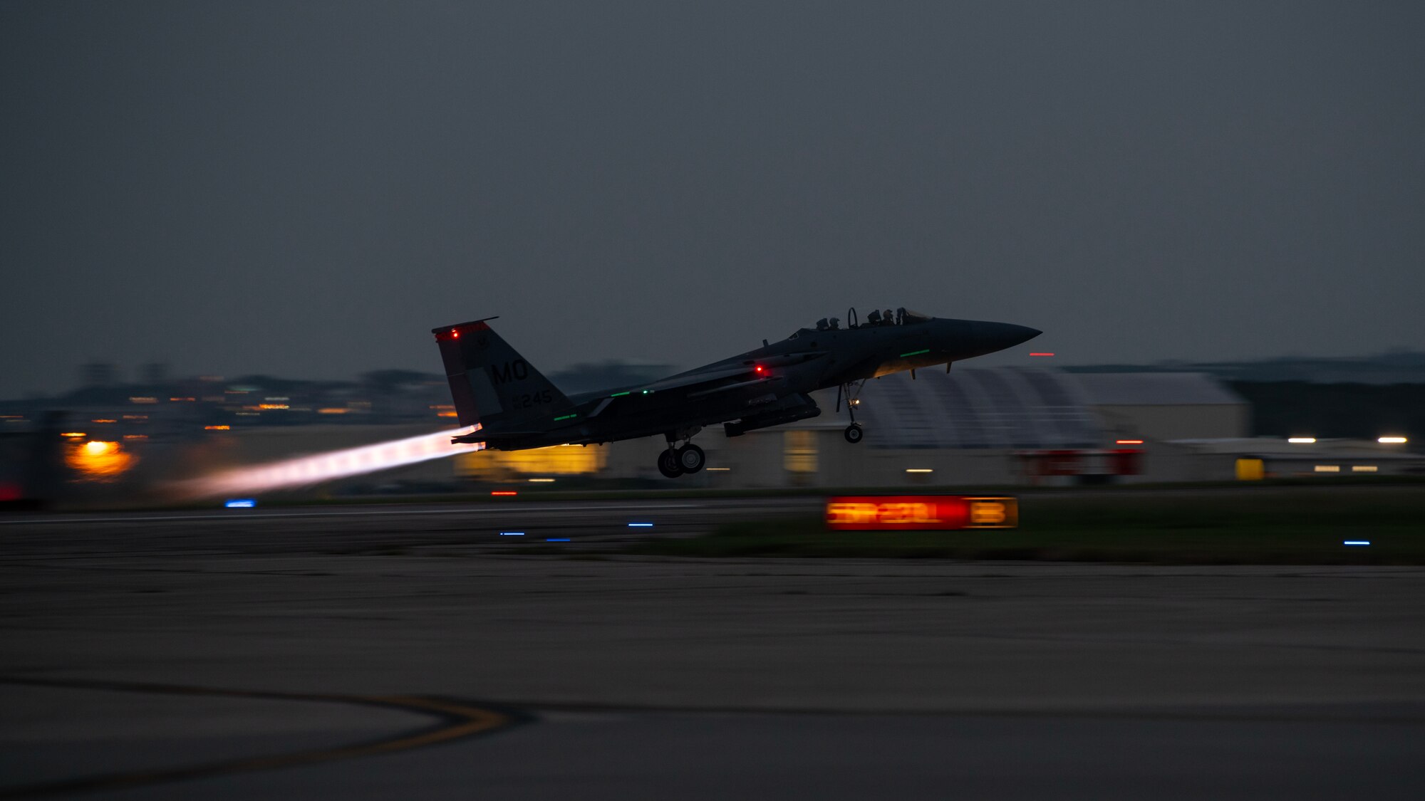 An F-15E Strike Eagle assigned to the 391st Fighter Squadron takes off from Kadena Air Base, Japan, May 17, 2023. Throughout the week, the Strike Eagles flew evening sorties in support of the bilateral exercise, Southern Beach. Night flying operations hone the skills necessary for aircrew to successfully fly and fight in low to no visibility environments. (U.S. Air Force photo by Staff Sgt. Jessi Roth)