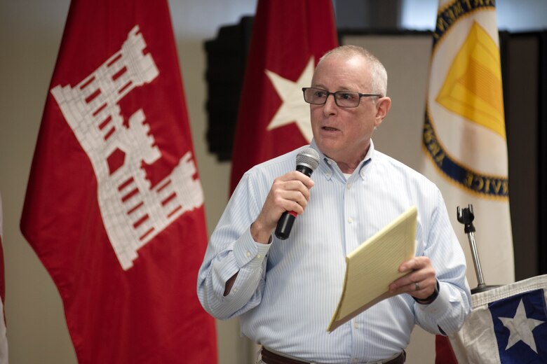 Chuck Somerville, Ohio River Basin Consortium for Research and Education, gives a presentation about using knowledge and education to make informed decisions during the Ohio River Basin Inspection Tour meeting May 16, 2023, at the Lakeland Event Center in Calvert City, Kentucky. (USACE Photo by Lee Roberts)