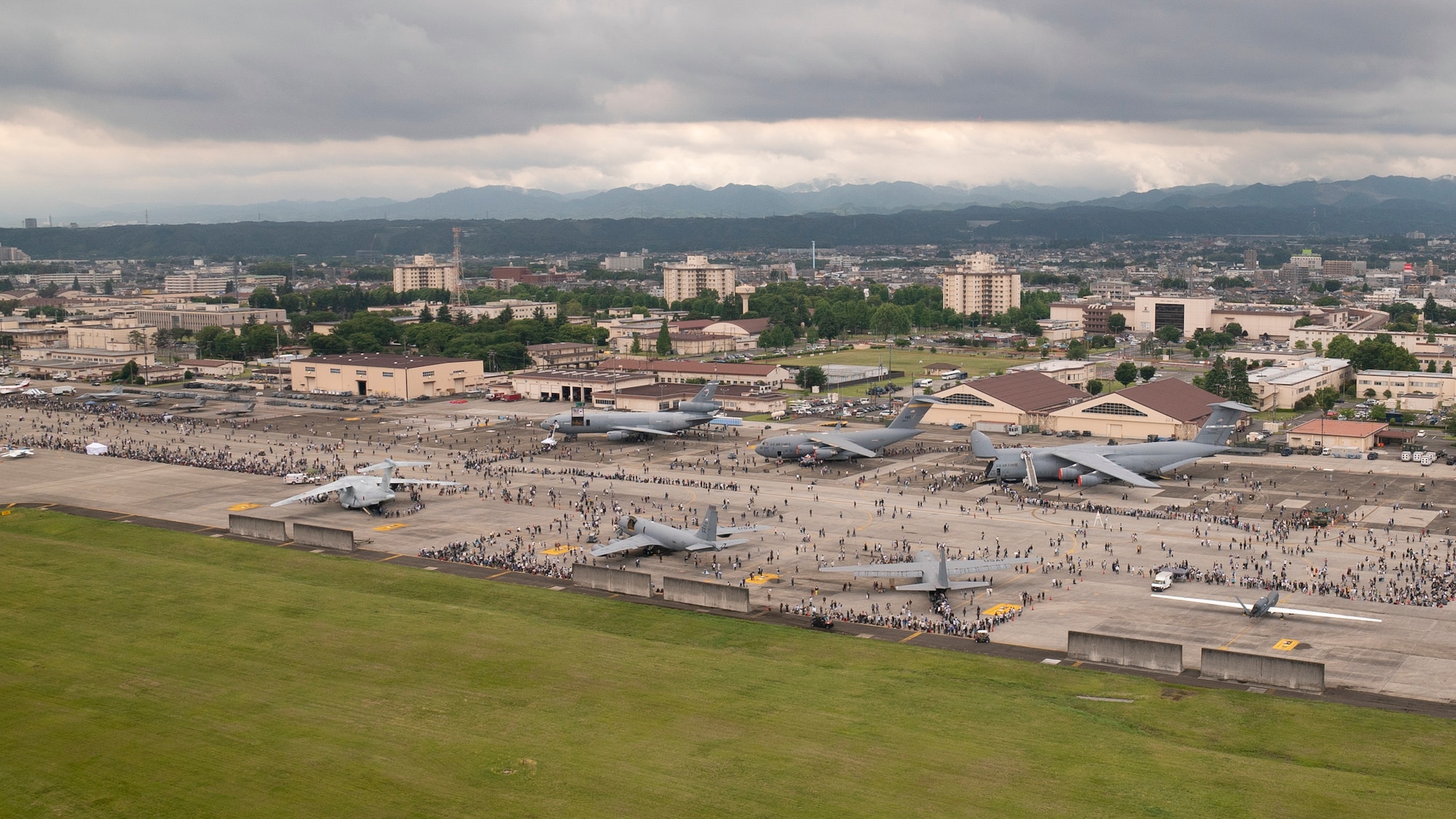 A aerial view of a flightline