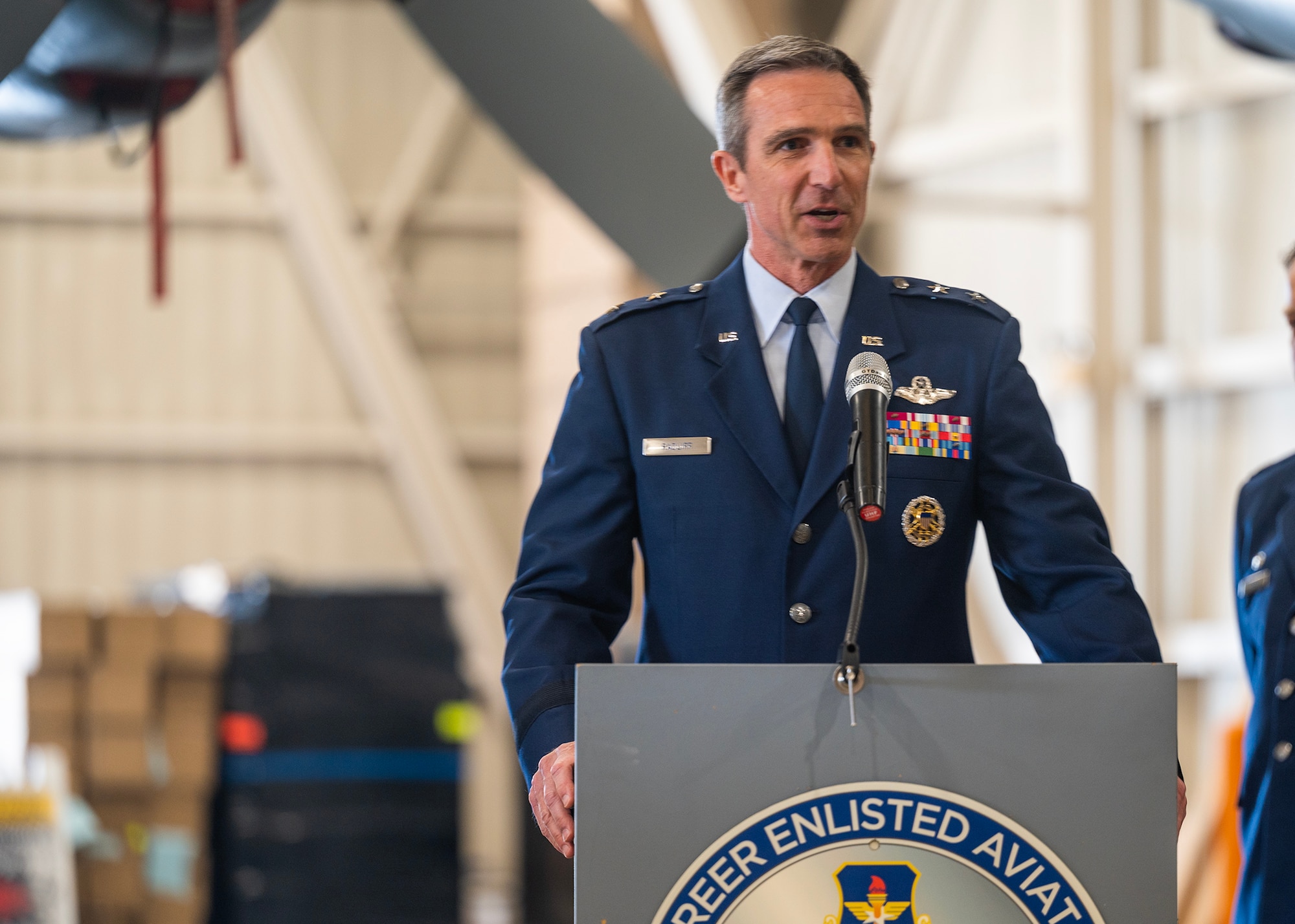 Maj. Gen. Bryan P. Radliff, commander of 10th Air Force, recognizes the accomplishments of the 960th Cyberspace Wing under previous commanders and Col. Richard A. Erredge, and relays his best wishes to Col. Silas V. Darden in his role as the new wing commander at Joint Base San Antonio-Lackland, Texas on May 7, 2023. (U.S. Air
Force photo by Brian Boisvert)