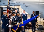 The Joint Base San Antonio Air Base Honor Guard present the colors for the 960th Cyberspace Wing change of command ceremony at Joint Base San Antonio-Lackland, Texas on May 7, 2023. (U.S. Air
Force photo by Brian Boisvert)