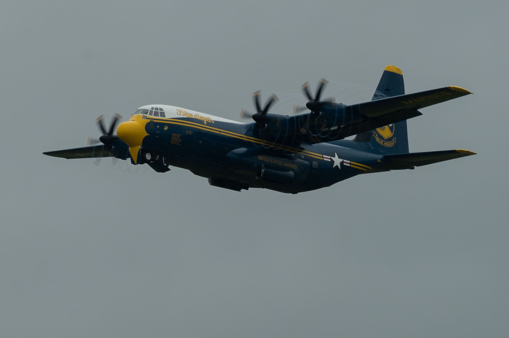The Blue Angels "Fat Albert" C-130 Hercules performs a fly by during the 2023 Wings Over Wayne Air Show at Seymour Johnson Air Force Base, North Carolina, May 19, 2023. The Wings over Wayne Air Show and Science and Technology Expo is a biennial event and has grown to be the largest free air show in North Carolina.  (U.S. Air Force photo by Airman 1st Class Rebecca Sirimarco-Lang)