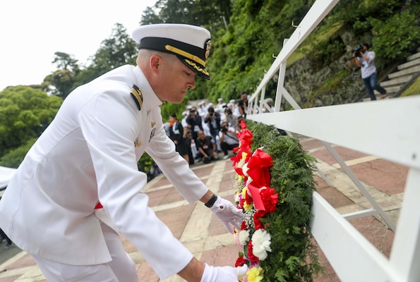 Cmdr. Leif Gunderson, commanding officer of the Arleigh Burke-class guided-missile destroyer USS Milius (DDG 69), places a wreath during the official ceremony for the 84th Black Ship Festival, May 20. The Black Ship Festival is held annually in Shimoda to commemorate the arrival of Commodore Matthew Perry to Japan in 1853, a historical event that marked the beginning of diplomacy and trade agreements between the U.S. and Japan. Milius is assigned to Commander, Task Force 71/Destroyer Squadron (DESRON) 15, the Navy’s largest forward-deployed DESRON and the U.S. 7th Fleet’s principal surface force.