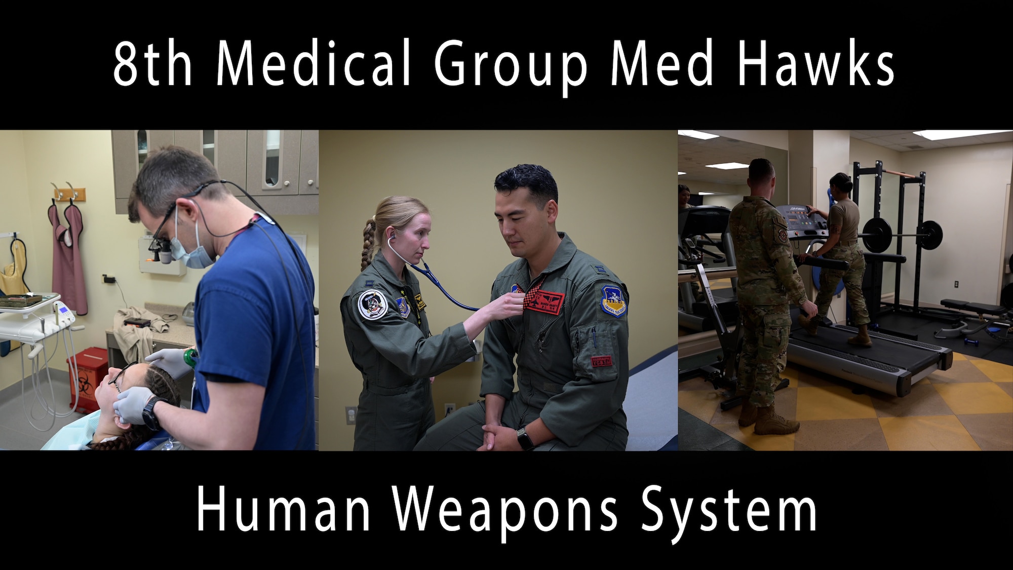 Screen grabs from the human weapons system video showing a Med Hawk dentist, flight doctor and physical therapist. (U.S. Air Force graphic by Tech. Sgt. Timothy Dischinat).