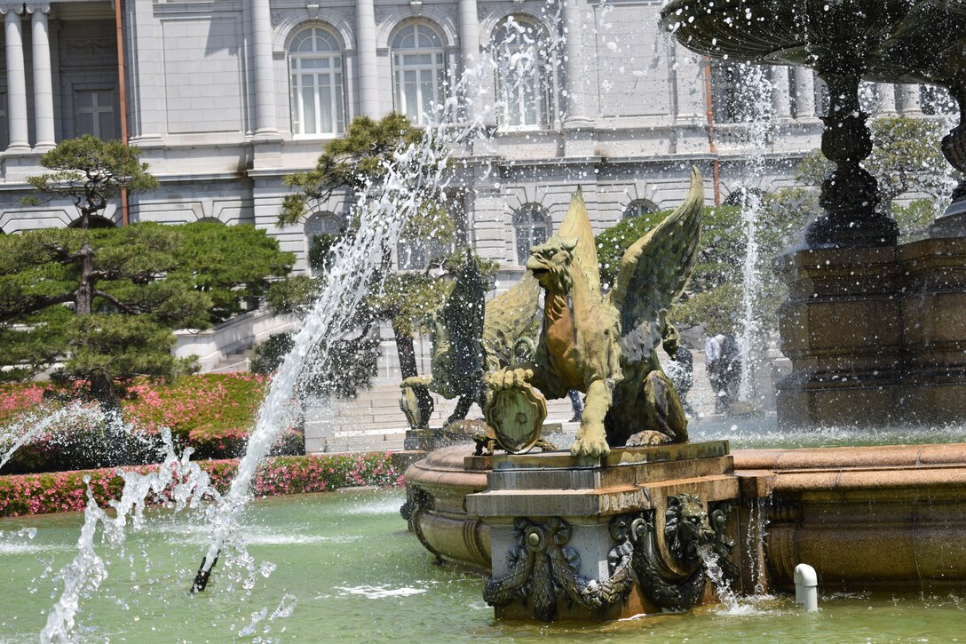 Fountain at Akasaka Palace’s main garden. The fountain has been designated as a Japanese national treasure. It features griffins, turtles, and lion heads. (U.S. Marine Corps photo by Song Jordan)