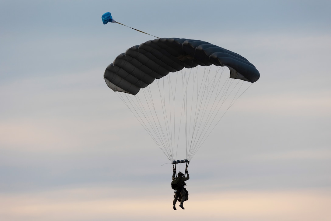 Marine Raiders with Marine Forces Special Operations Command conduct military freefall parachute training on Camp Lejeune, North Carolina, Mar. 8, 2023. MFF training ensures Marine Raiders maintain operational currency and capabilities to support global mission requirements. (U.S. Marine Corps photo by Cpl. Henry Rodriguez)