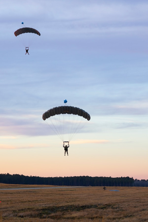 Marine Raiders with Marine Forces Special Operations Command conduct military freefall parachute training on Camp Lejeune, North Carolina, Mar. 8, 2023. MFF training ensures Marine Raiders maintain operational currency and capabilities to support global mission requirements. (U.S. Marine Corps photo by Cpl. Henry Rodriguez)