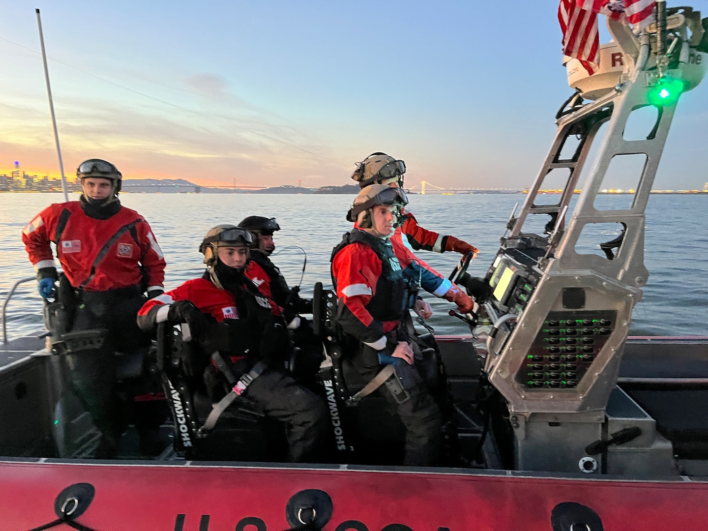 In January 2023, crews aboard an over-the-horizon boat from Maritime Safety and Security Team San Francisco evaluate a proposed boat crew communications system supporting the Research and Development Center, Defense Innovation Unit and C5I Service Center Team, who won the Commander Joel Magnussen Innovation Award for Management.