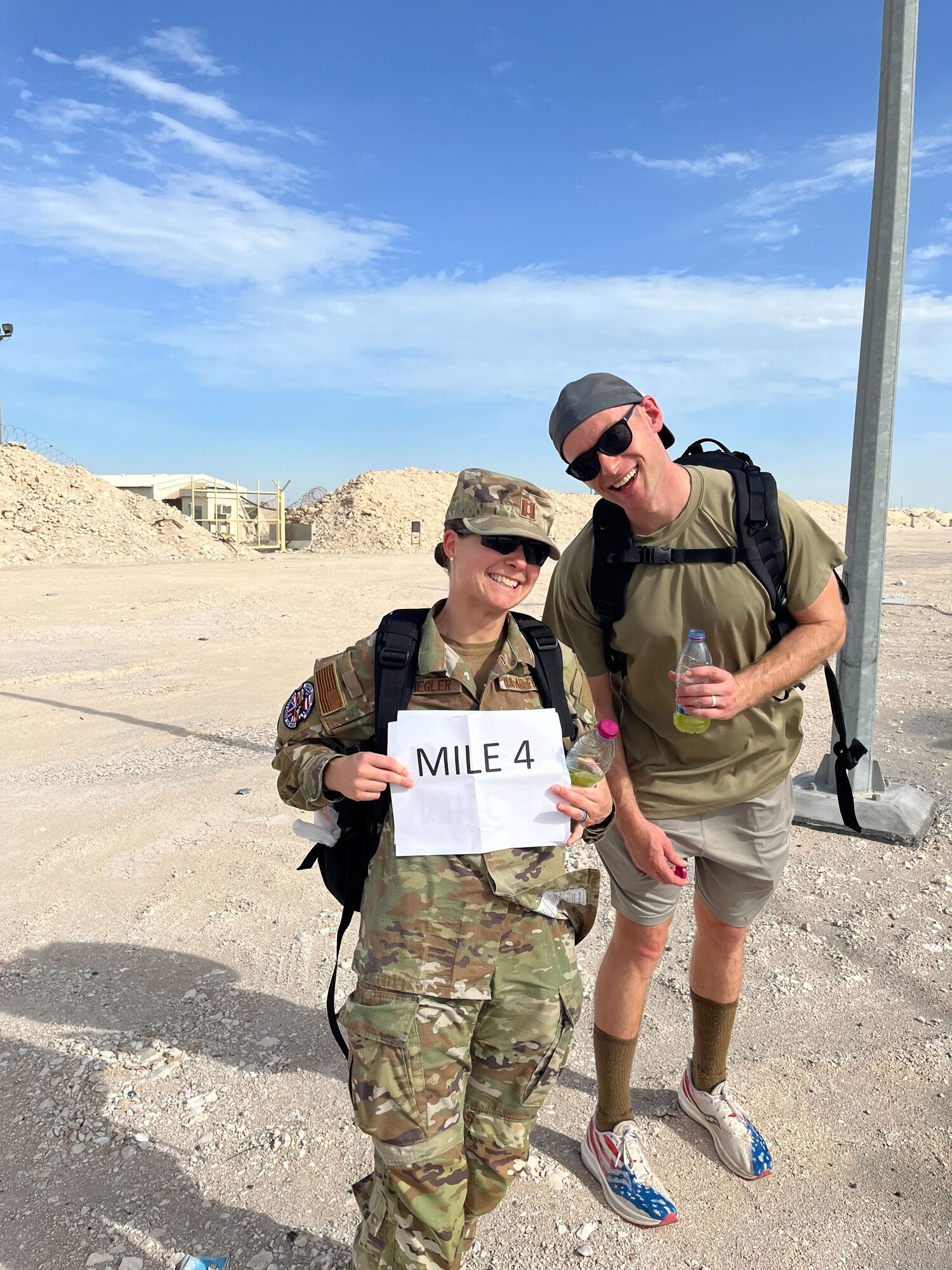 Capt. Holly Ziegler and supporter participates in Bataan Memorial Death March virtually while deployed to the 609th Air Operations Center, Al Udeid Airbase, Qatar.