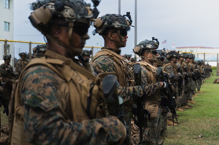 U.S. Marines with 3d Battalion, 2d Marines participate in an Alert Contingency Marine Air-Ground Task Force Drill on Camp Schwab, Okinawa, Japan, May 3, 2022. Routine short-notice drills ensure 3d Marine Division remains ready to rapidly deploy and maintain regional security in the Indo-Pacific.